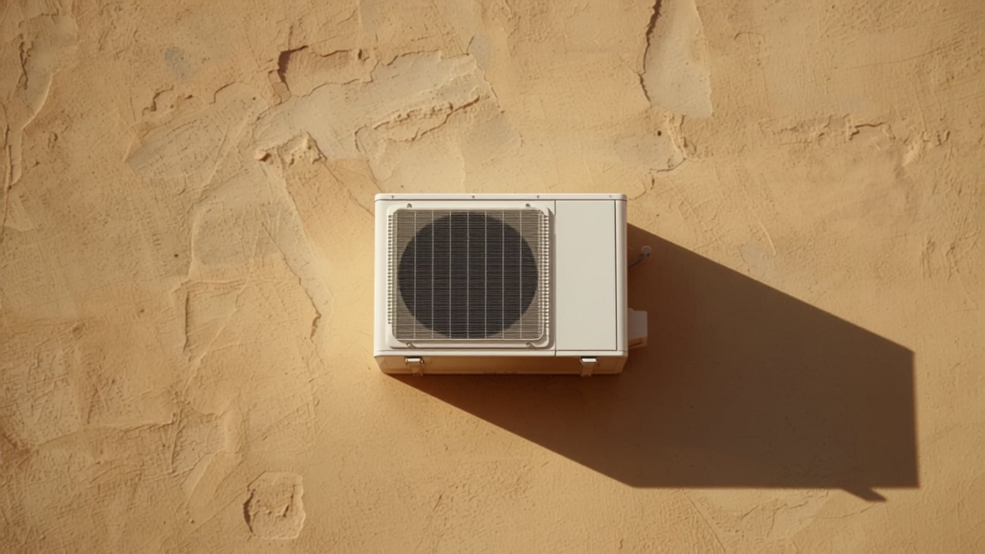 Illustration of a white split-system air-conditioning condenser on a sand-coloured wall in hard summer sunlight