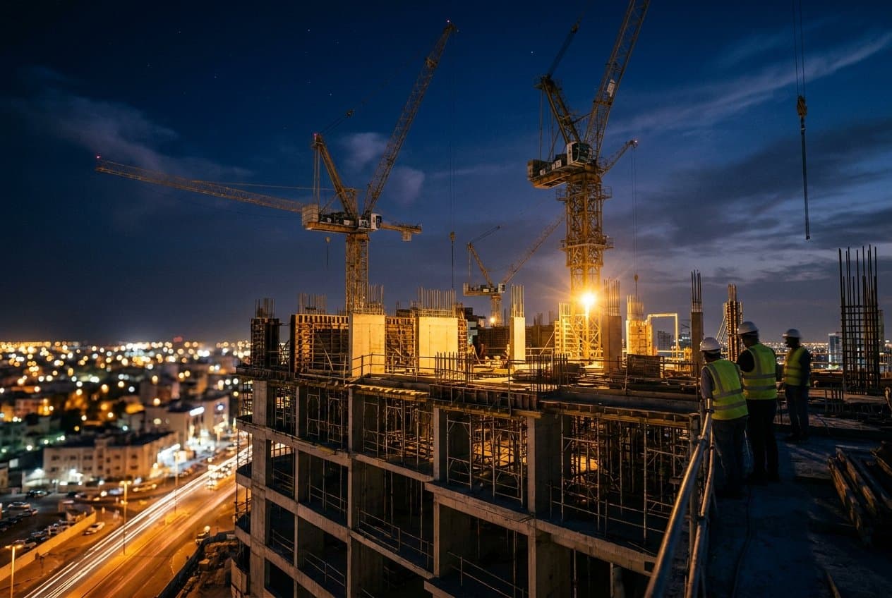 High-rise construction site in Bahrain at night with tower cranes and gold work lights
