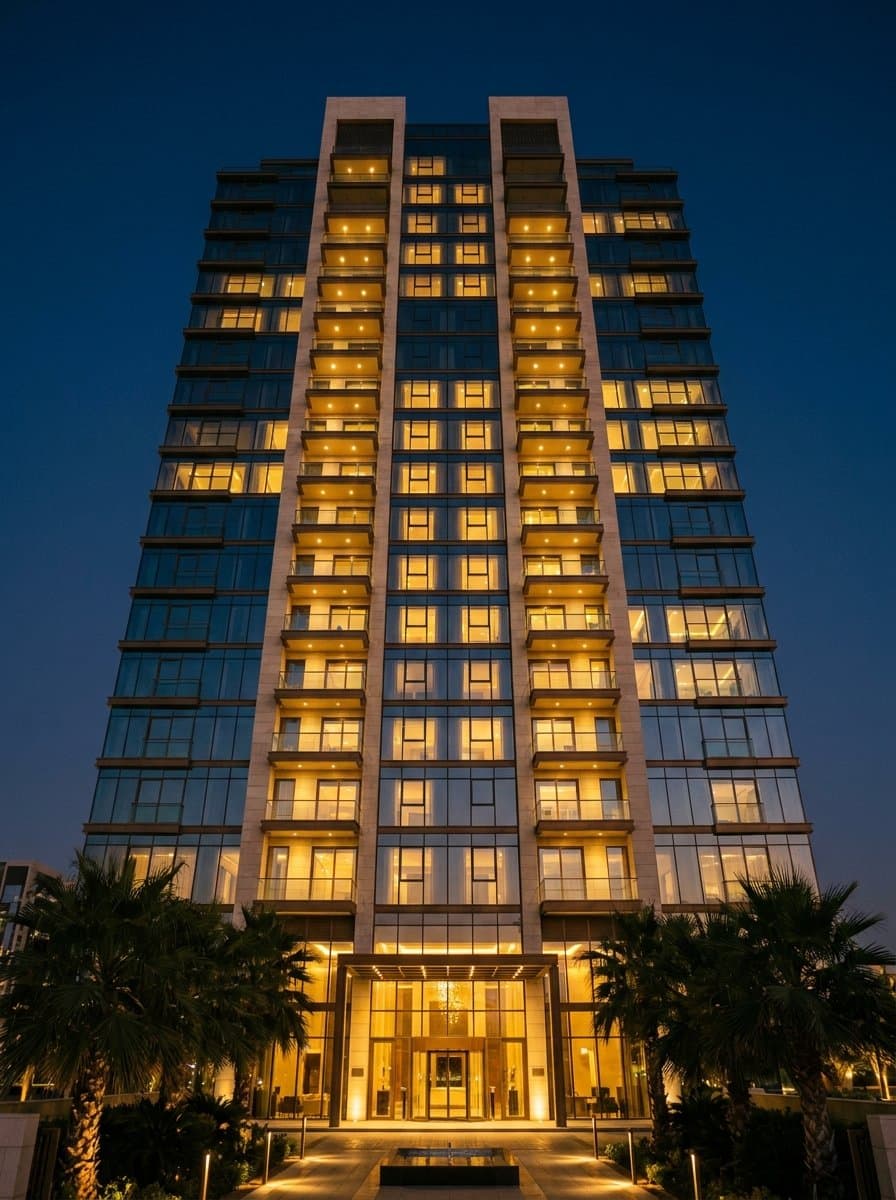 Luxury residential tower in Bahrain at dusk with warm golden interior lights