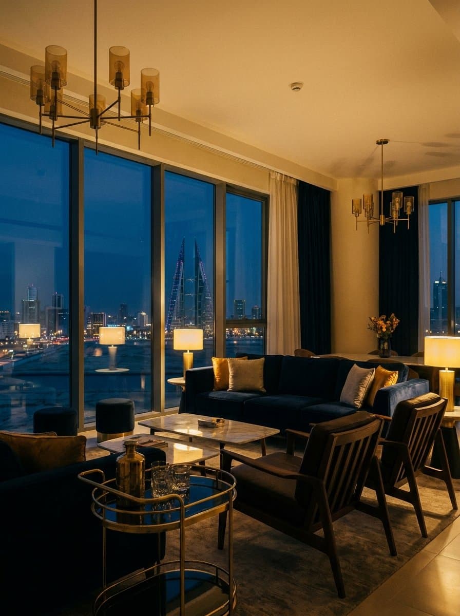 Luxury apartment interior at dusk with a view of the Manama skyline