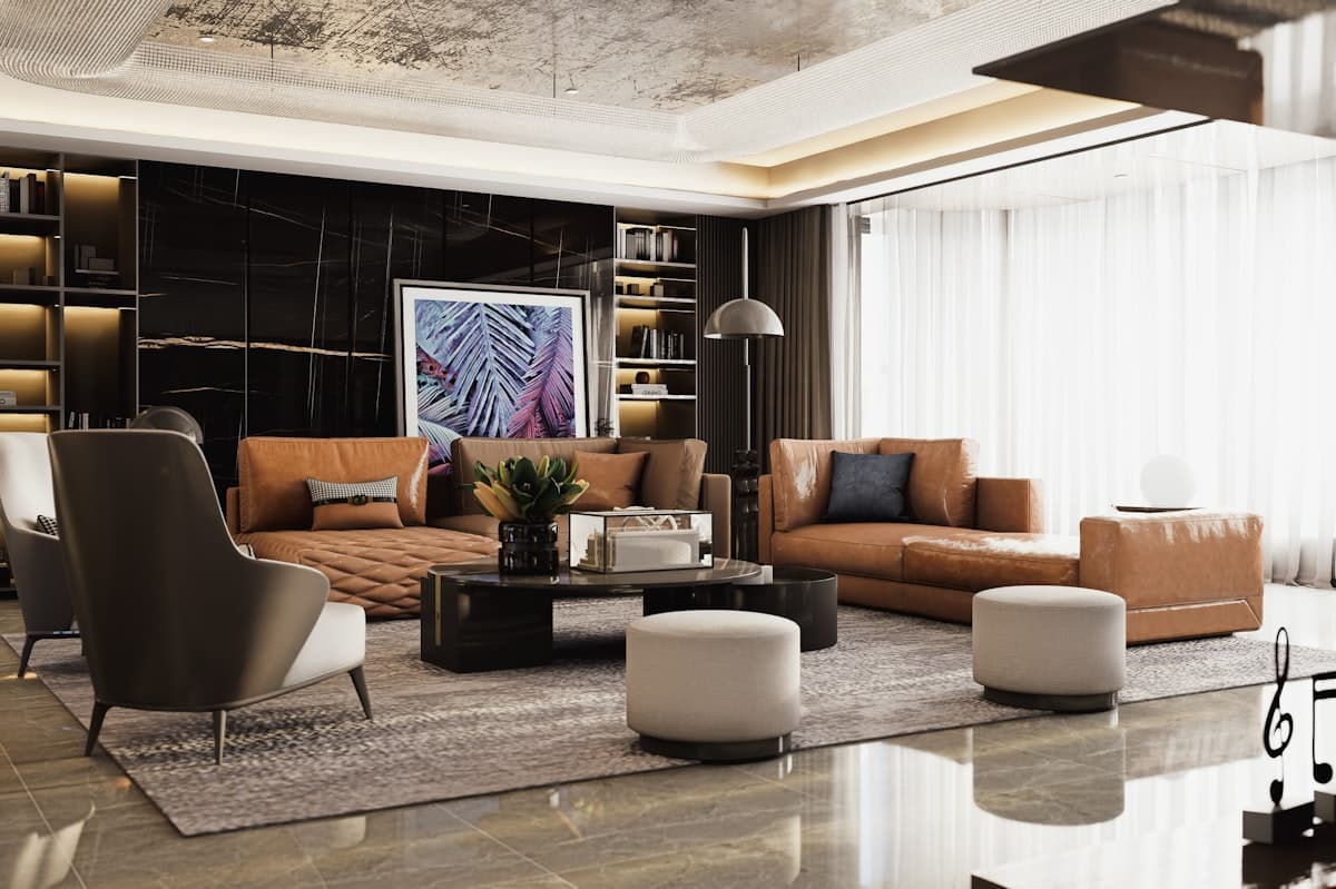 Renovated luxury living room with marble and leather finishes